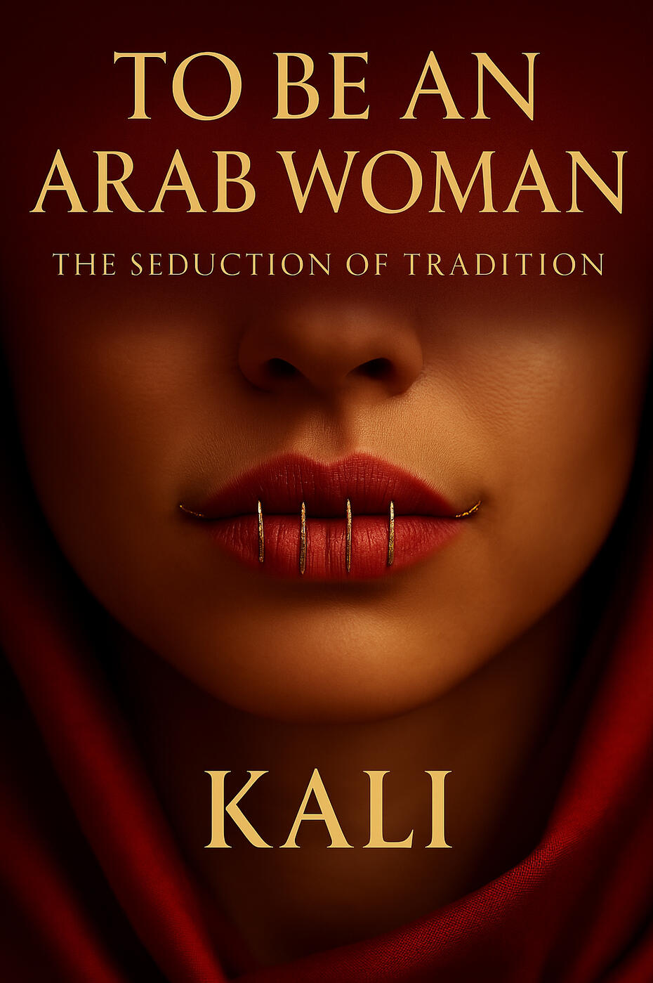 To Be An Arab Woman: The Seduction Of Tradition Book cover of “To Be An Arab Woman” by KALI – lips sealed with gold staples, set against a blood-washed veil of tradition